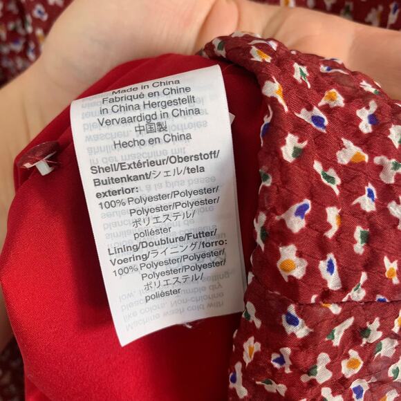 Madewell Red Floral Mini Dress Size 4 V-Neck Ruched Sleeves Lined Flowy Fit - Picture 9 of 9